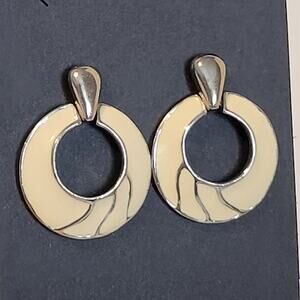 Vintage Enamel Hoop Earrings Silver Tone Cream Pierced Retro 1.83” Drop Pierced